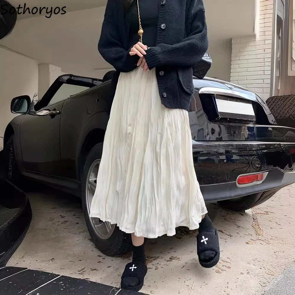 Midi Skirts Women Chic Spring High Waist Pleated Skirt College Lovely Students Fashion Korean Style All-match Casual Streetwear