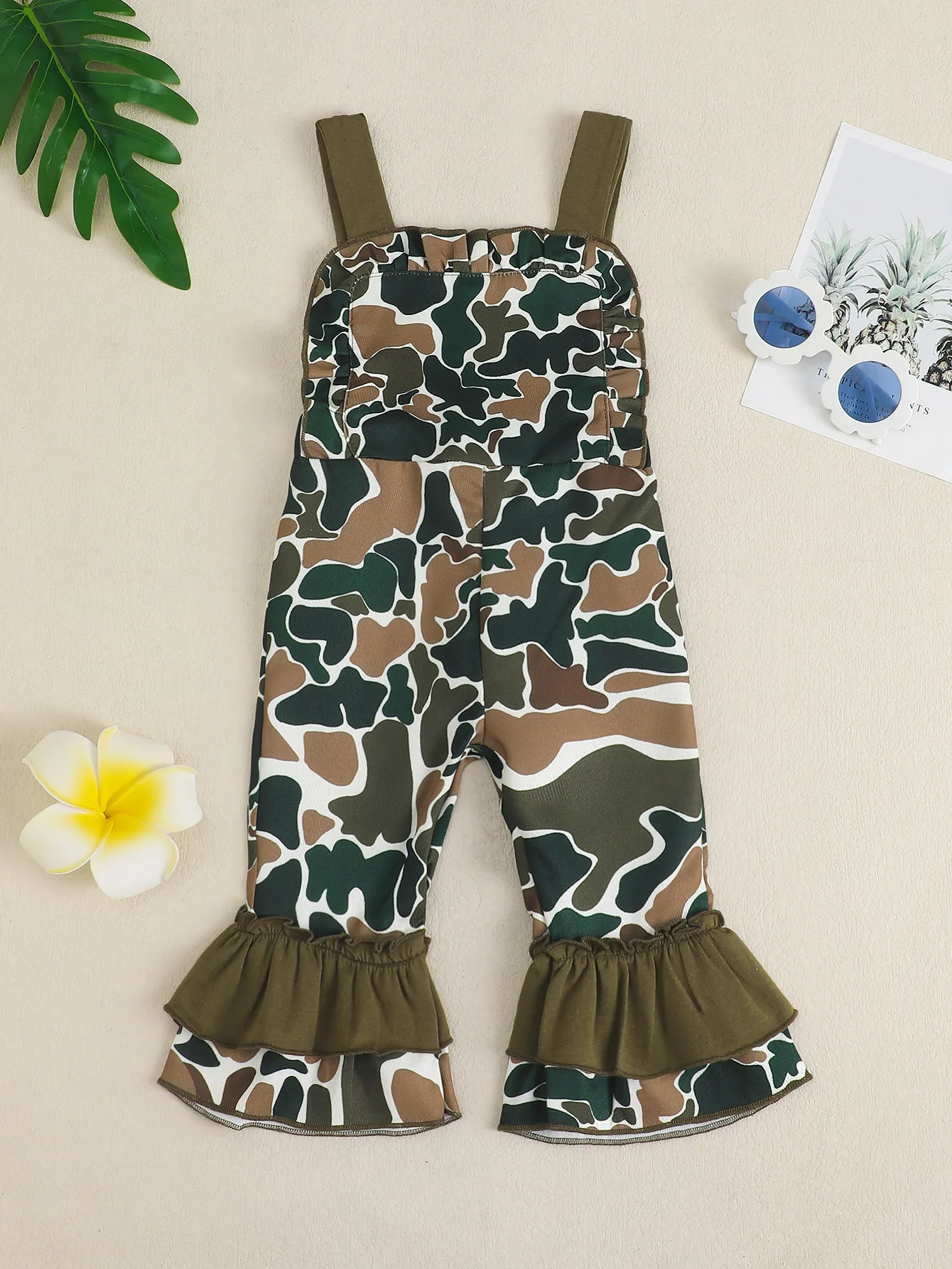 Baby Girl Camouflage Patterned Ruffle Trim Bib Overalls Kids Fashion Military Print Denim Pants for Infants