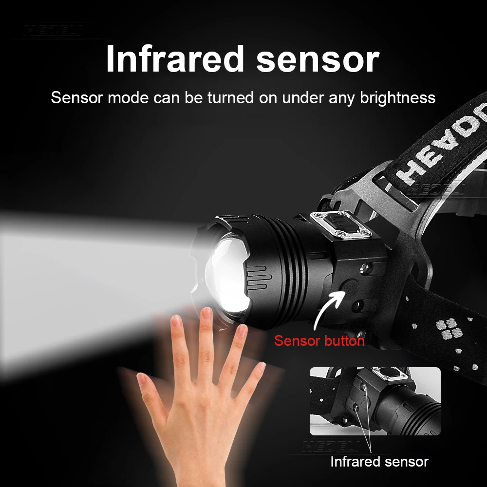New Powerful LED Sensor Headlamp Rechargeable USB Head Flashlight High Power Long Range Outdoor Head Torch Fishing Head Lantern