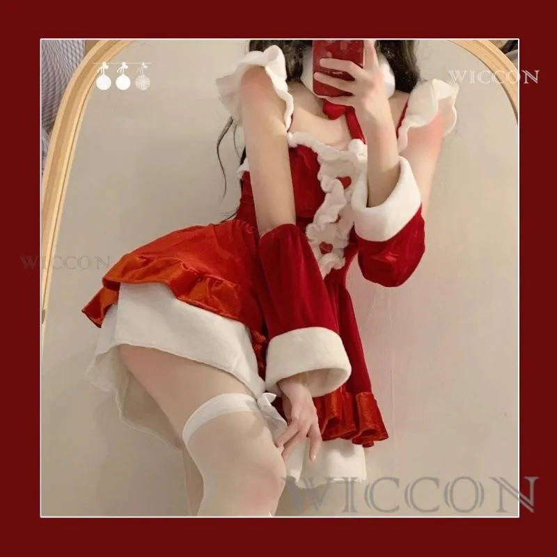 Christmas Costumes Lolita Maid Red Dress Soft Velvet Bunny Lingerie Xmas Red Santa Claus Cosplay Party Outfits Halloween Costume