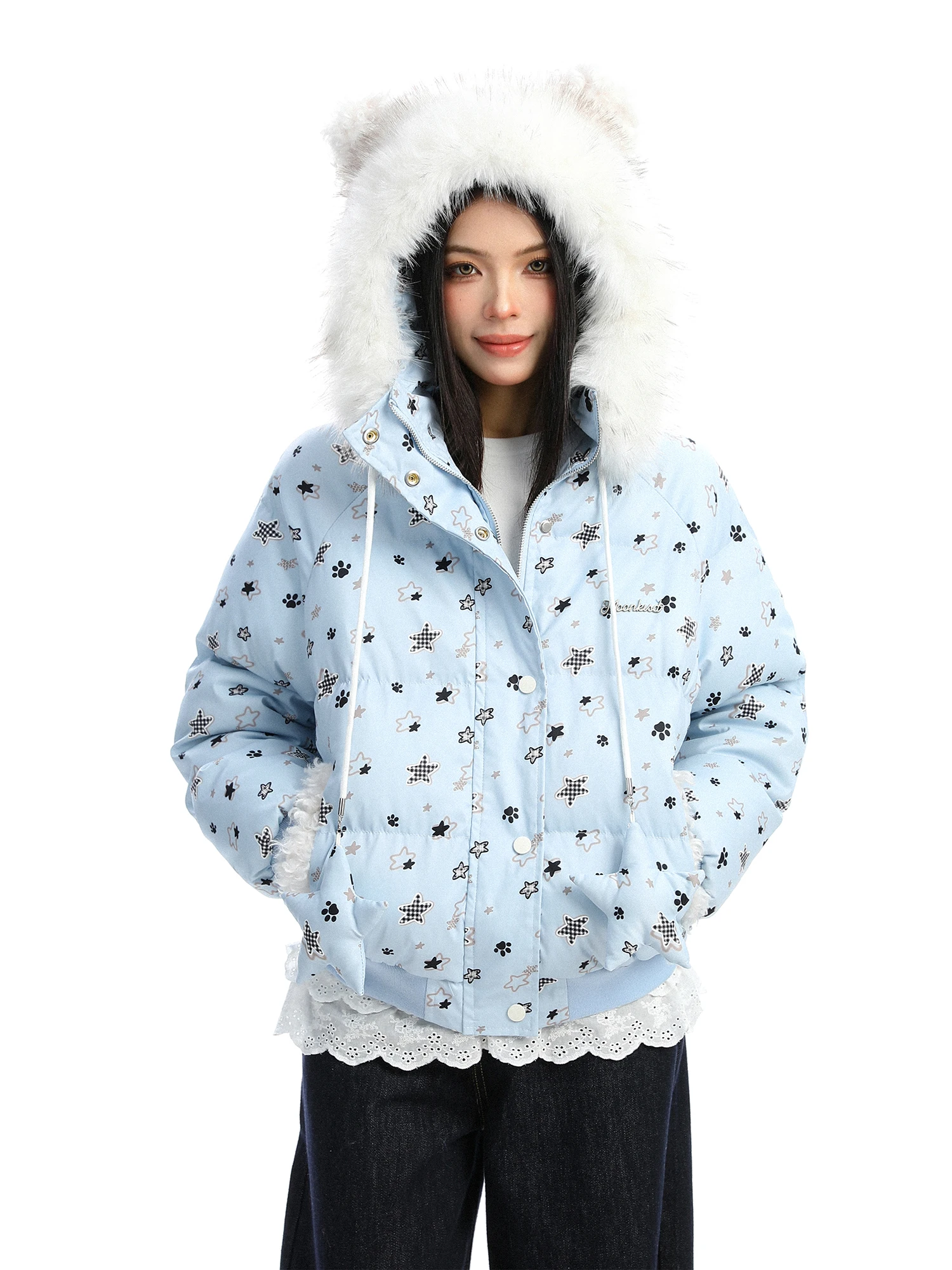 

Женская зимняя теплая хлопковая куртка с отстегивающимся меховым воротником, капюшоном и ушками медведя, свободного кроя, в уличном стиле