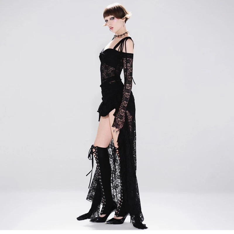 القوطية الظلام الكروشيه الدانتيل الربط غير النظامية طويلة الأكمام فستان المرأة 2025 الخريف جديد الحلو كول مثير فساتين بلا أكمام السيدات #6