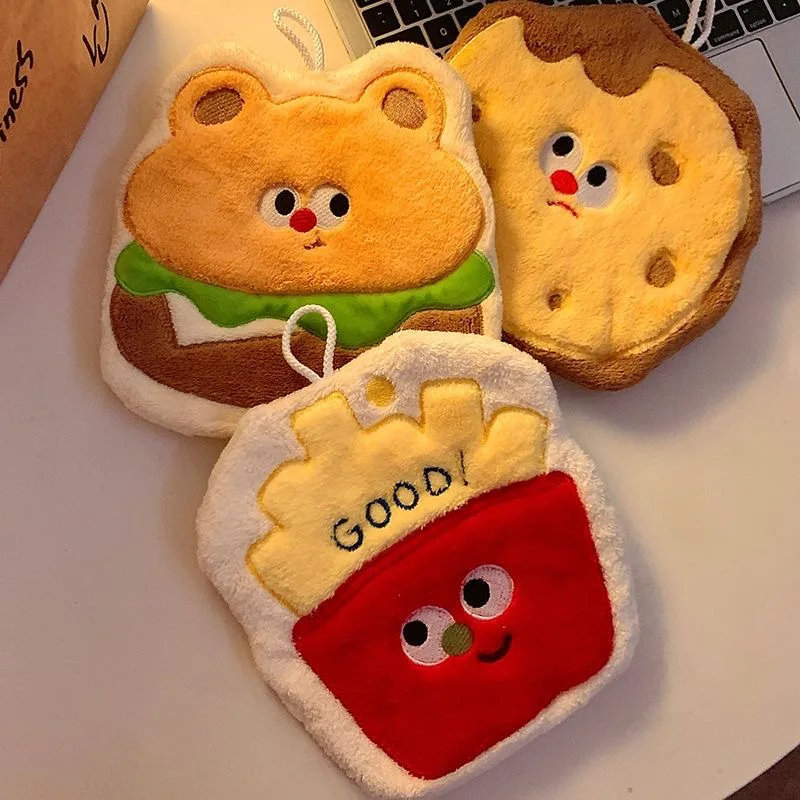 Cute French Fries Hand Towel Hanging Handkerchief Rag Bathroom Kitchen Towel Cartoon Burger Bear Thick