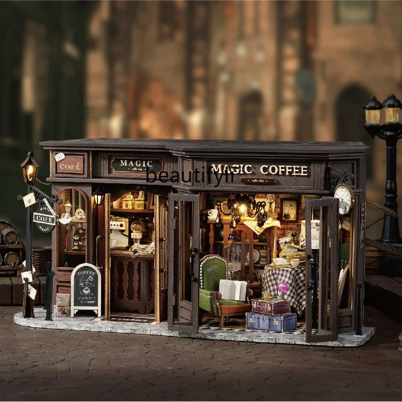 

Retro coffee shop assembly miniature model building block three-dimensional puzzle girl birthday gift