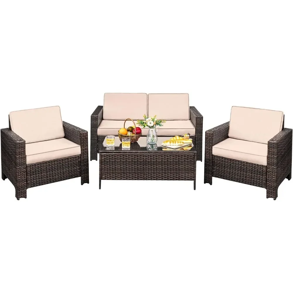 

4 Pieces Patio Furniture Sets Rattan Chair Wicker Conversation Sofa Set, Outdoor Indoor Backyard Porch Garden Poolside Use