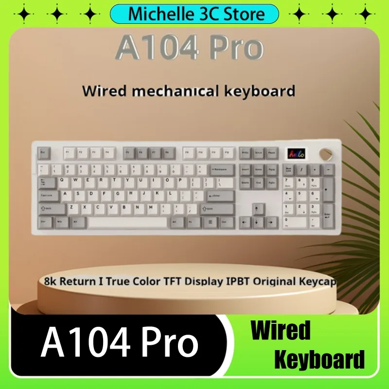 A104PRO Wired Mechanical Keyboard Customized Metal Knob+TFT Screen Grey 8KHZ 104Keys Ski Axis RGB Lighting Gaming/E-sports