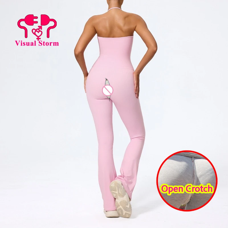 Women Yoga Open Crotch Pants Solid Color Push Up Sexy Jumusuits Casual Backless Invisable Zippers Bodysuits Gym Crotchless Cloth