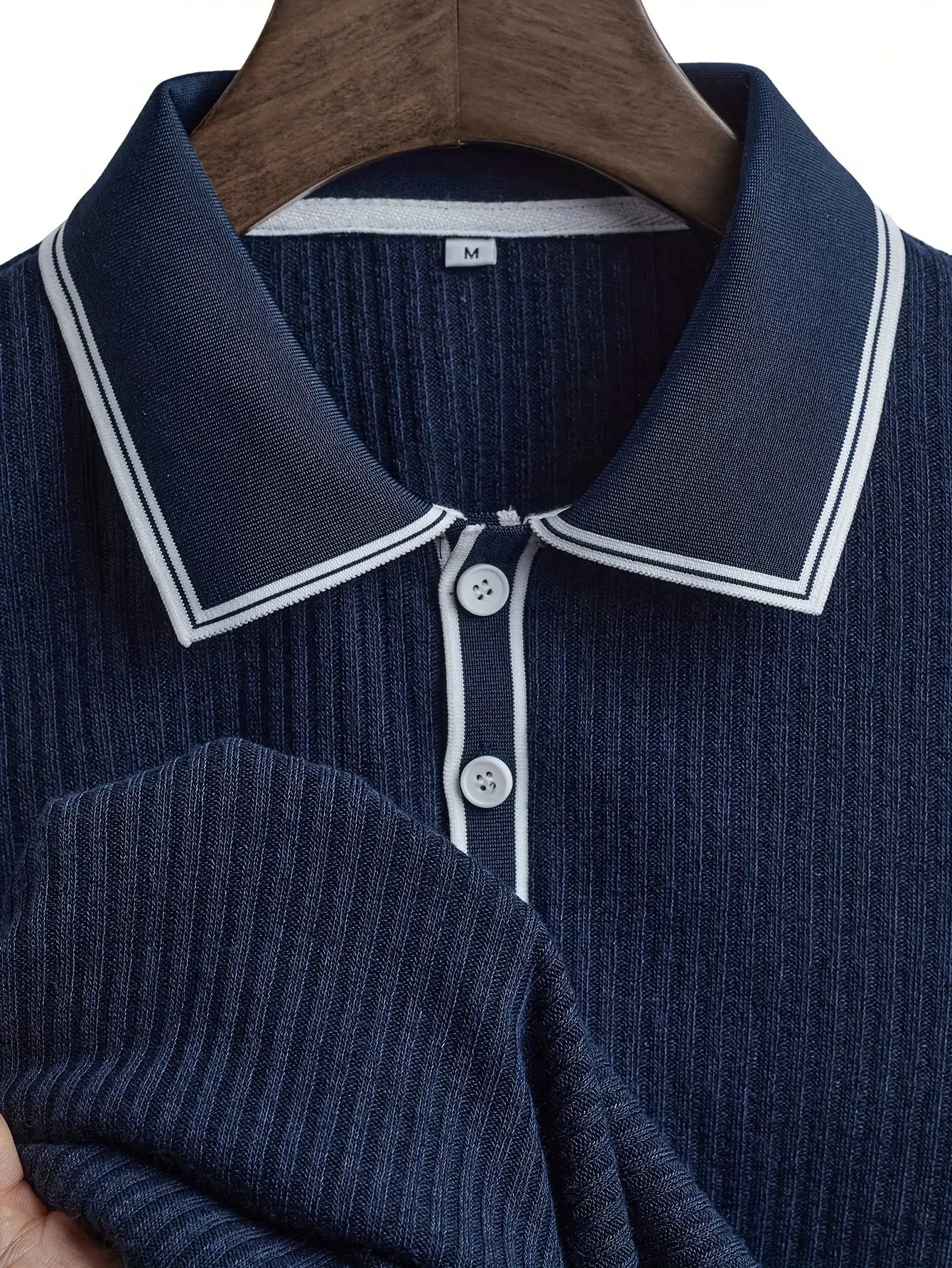 Men's Navy Ribbed Polo Shirt with White Trim Collar and Cuffs
