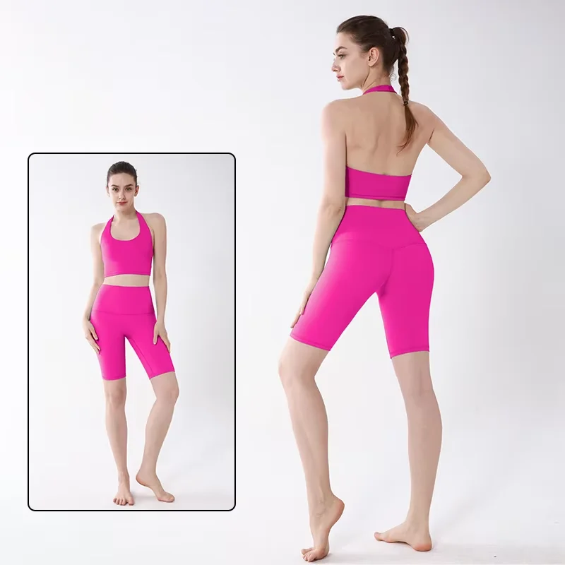 Sommer 2-teiliges Damen-Sportshorts-Set, sexy Neckholder-Sporttop, hochtaillierte elastische Yoga-Shorts, Fitness-Sportbekleidungs-Set