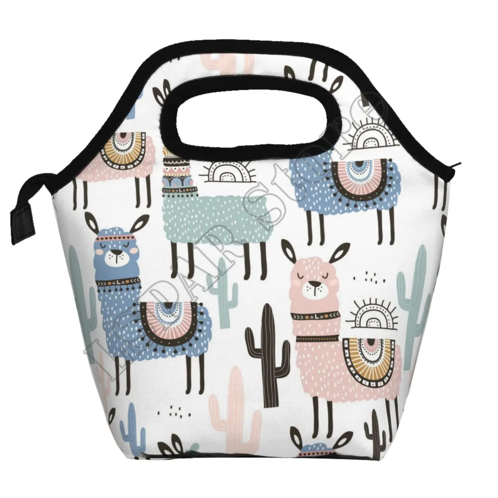 Neoprene Llama Bag Tropical Plant Cactus Alpaca Lunch Waterproof Lunch Tote Bag Cartoon Lunch Box Food Bento Lunch Handbag