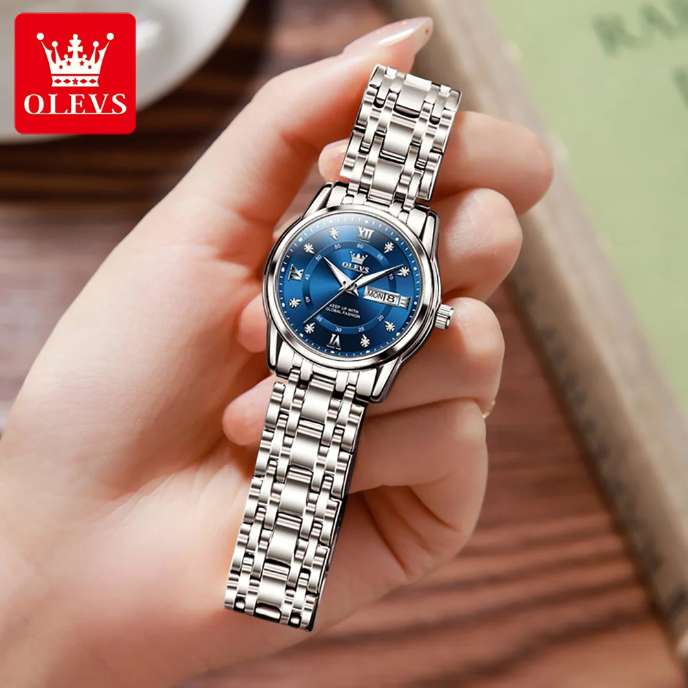 OLEVS 5513 ساعة نسائية أصلية أنيقة كوارتز ساعة مقاومة للماء مضيئة تاريخ الأسبوع ساعات لصندوق هدايا المرأة