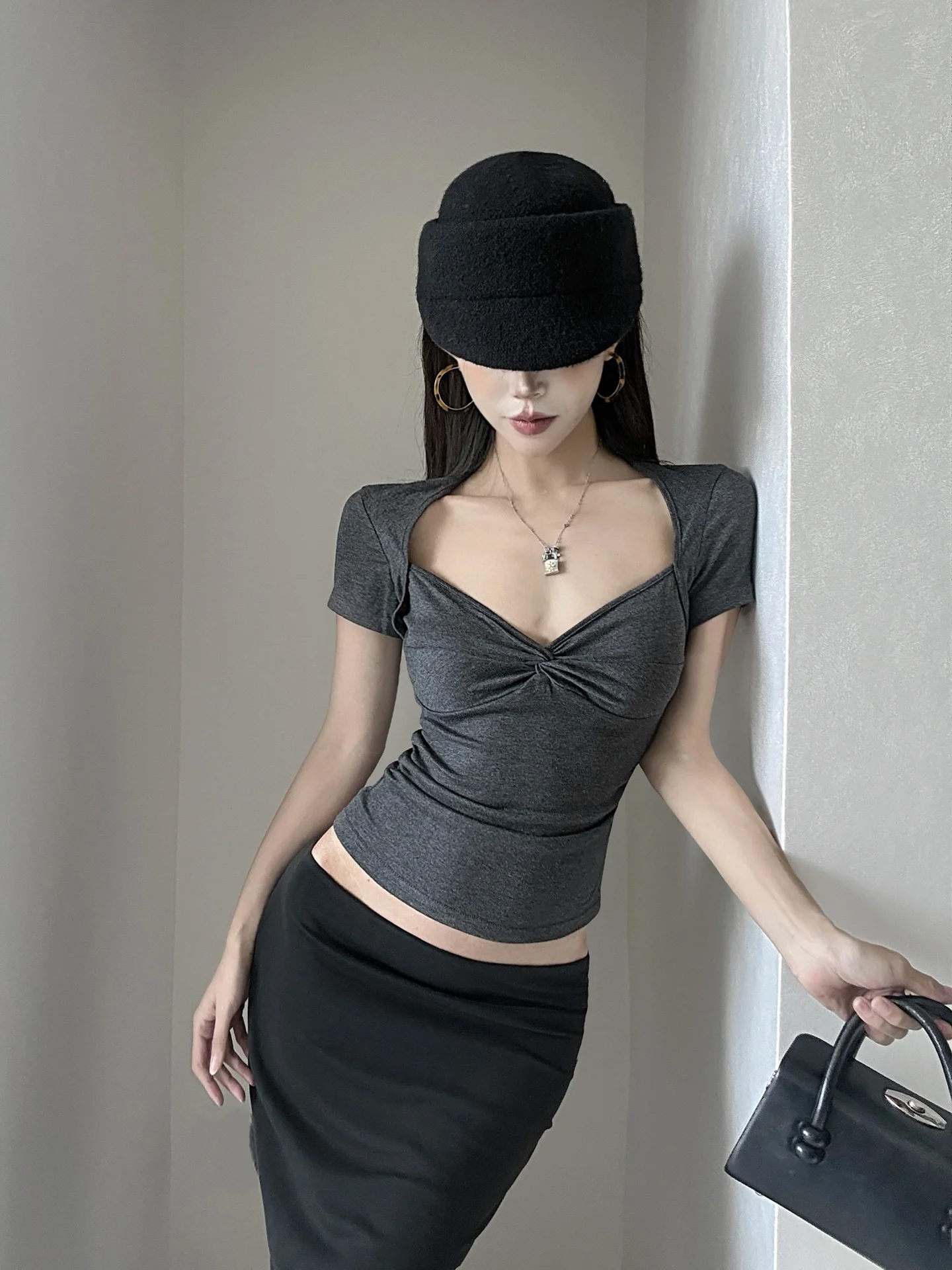American Style Retro Square Collar Knot Short Sleeve T-Shirt Women's Summer New Slimming Short Model Top Cotton Village