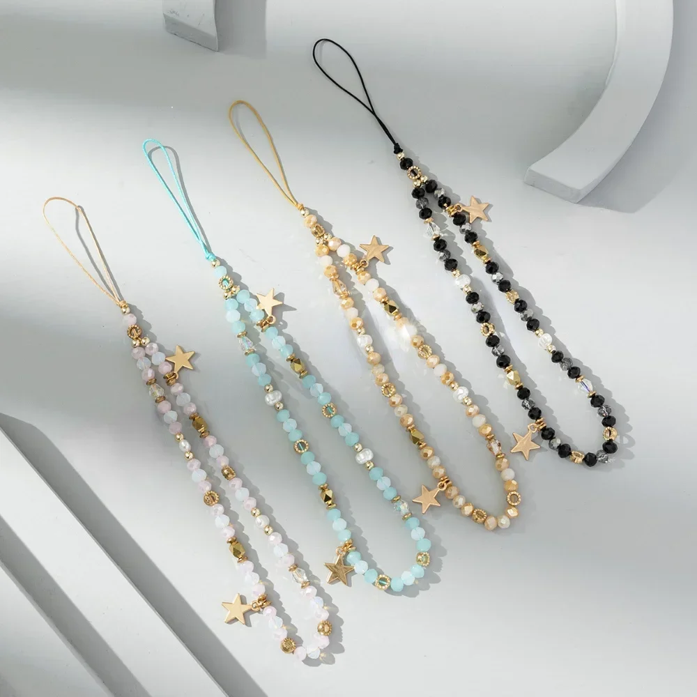 Acrylic Mobile Phone Chain Five-Pointed Star Pendant Beaded Telephone Lanyard Cellphone Hanging Rope for Women Key Chains