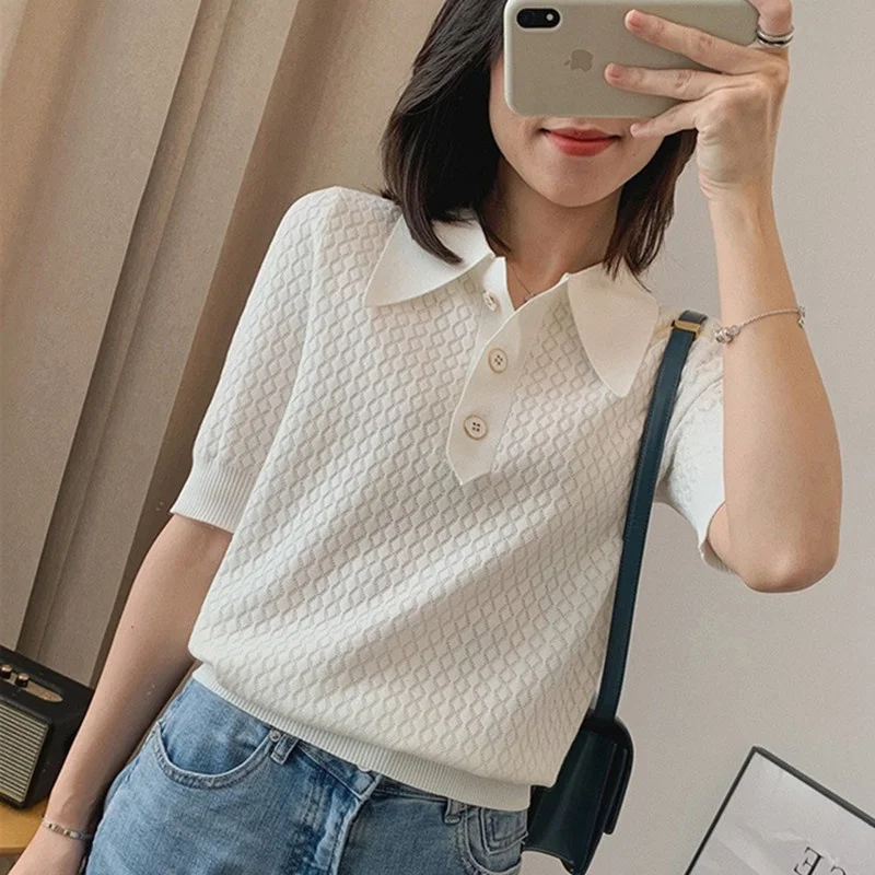 

temperament Summer ice silk short sleeve POLO collar cotton hollow loose knit T-shirt women thin shirt