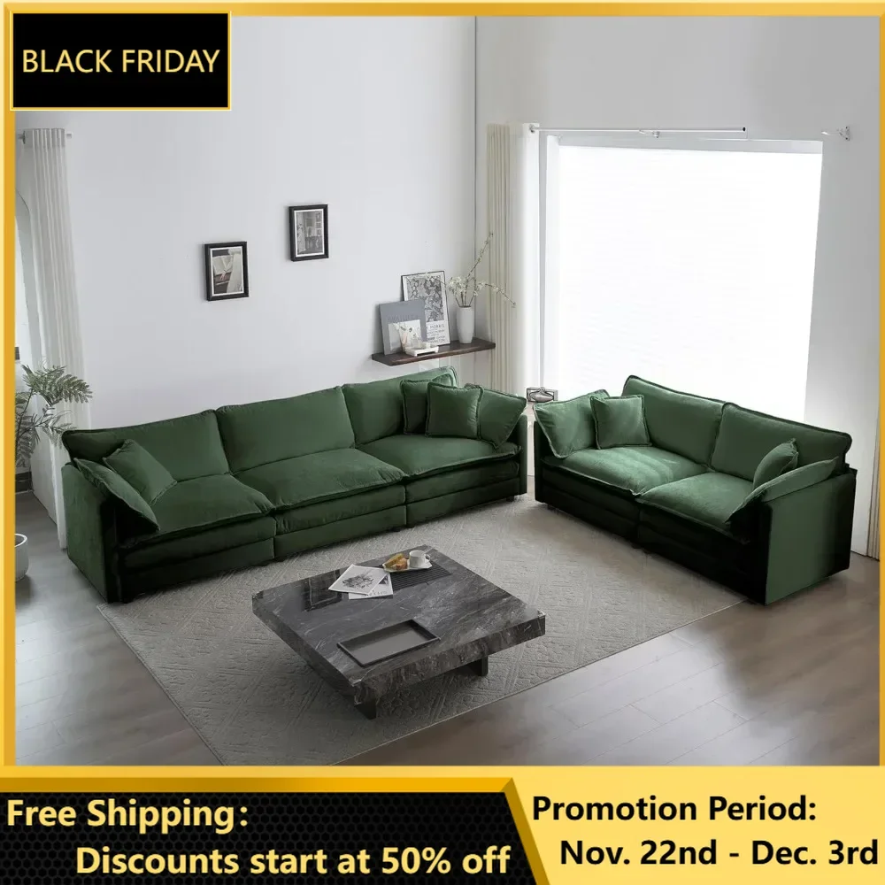 

2 Piece Living Room Furniture Set, Green Chenille Deep Seat Loveseat and Sofa Set, Modern Luxury Sectional Cloud Couches