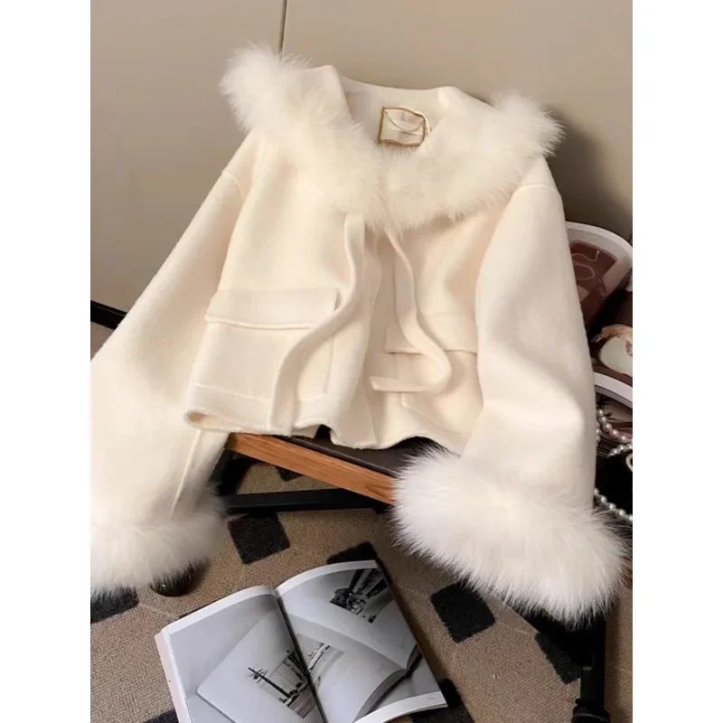 Premium Splicing Fur Collar Lace-up Wool Jackets for Women Autumn and Winter New Sweet Big Pocket Short Cape Woolen Coat Ladies