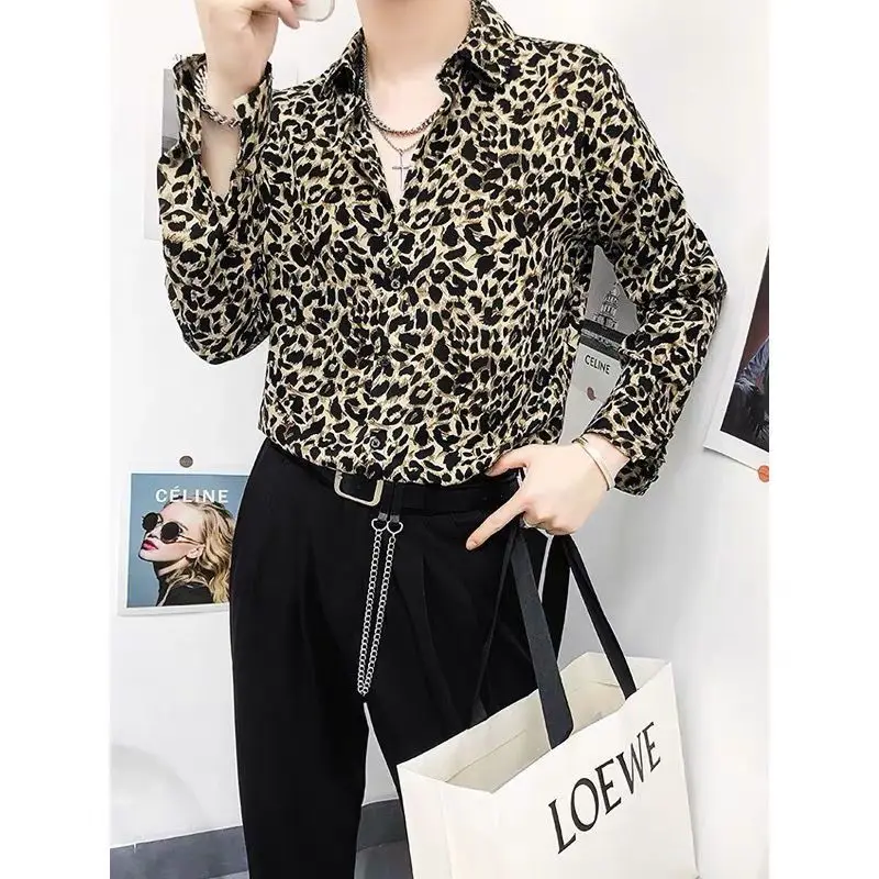 Spring Autumn New Fashion Turn-down Collar Long Sleeve Leopard Blouse Men\'s Clothing Printing Button Korean Trend Hip Hop Shirts