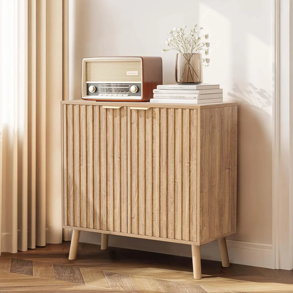 

Entryway Cabinet with Storage, Multifunctional Fluted Sideboard, Accent Cabinet with 2 Doors, Wood Coffee Bar for Living room