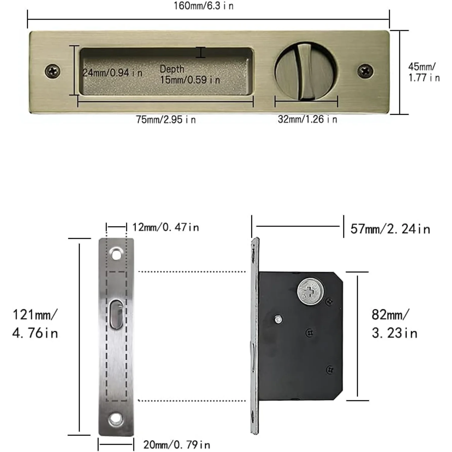 6.\u201D Privacy Pocket Door Lock Hardware with Key, Recessed Sliding Door Mortise Lock, Double Barn Door Lock,   Hardware for 1