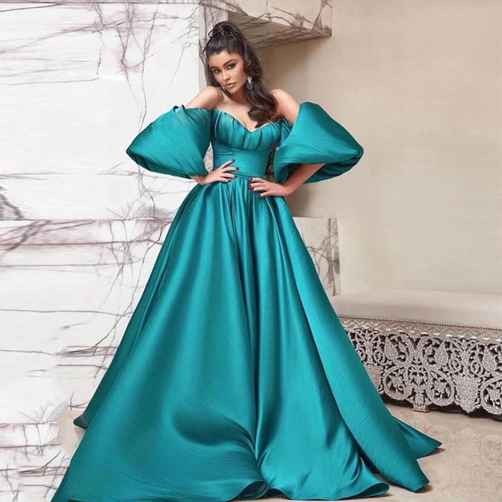 Angelsbridep Dây Ả Rập Saudi Chữ A Satin Quần Sịp Đùi Thông Hơi Vải Xếp Tay Phồng Vestidos De Ocasión Formales Sukienki Wizytowe