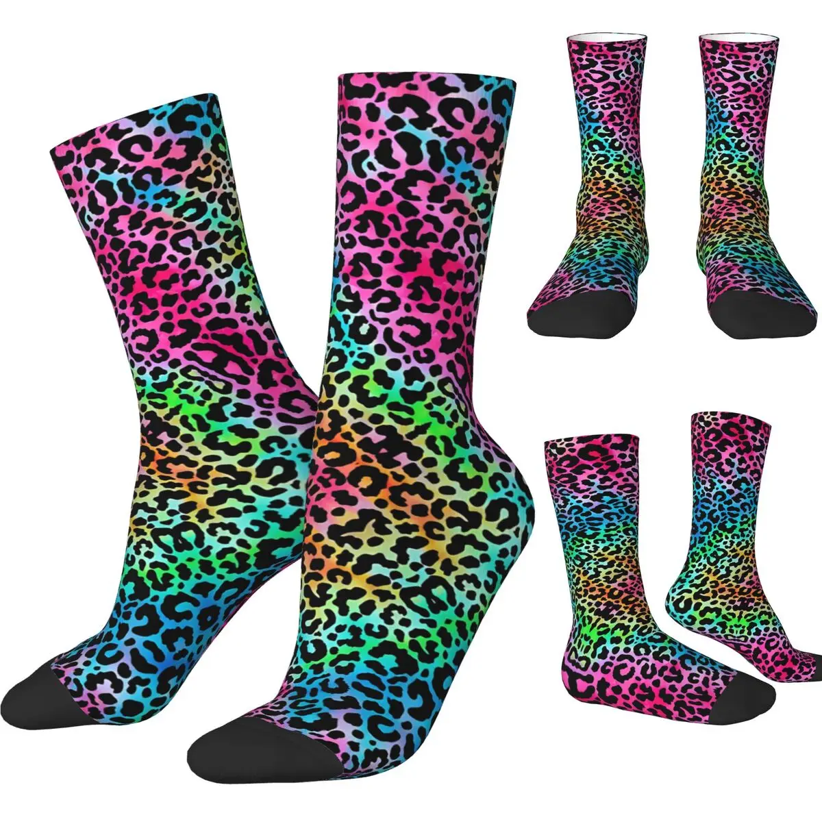 Cute Pink Rainbow Tie Dye Socks Boho Leopard Print Modern Stockings Unisex Men Soft Running Socks Spring Custom Non Skid Socks