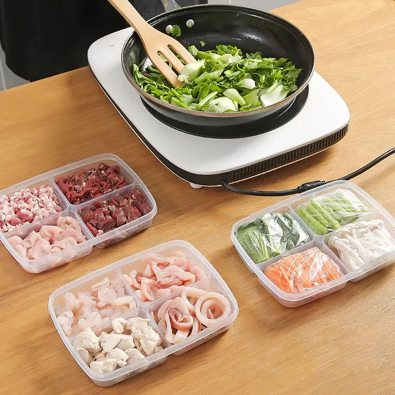 1pc Transparent Four Grid Refrigerator Large Capacity Storage Box Frozen Meat Compartment Food Sub-packed Kitchen Tools