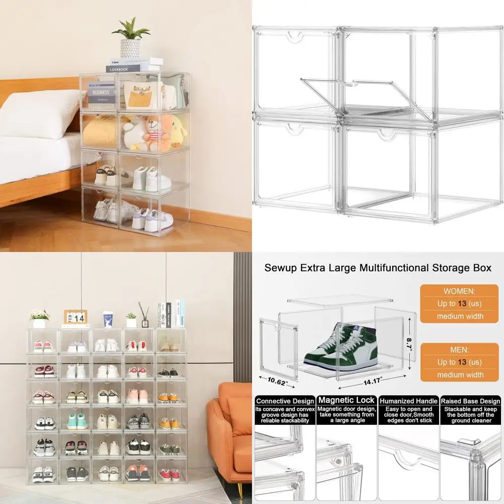 Stackable Clear Acrylic Shoe Storage Boxes with Magnetic Lids, 4-Pack for Sneaker Display and Protection