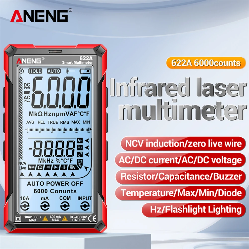 ANENG 622A cyfrowy multimetr 6000 liczy inteligentny multimetr z lampa laserowa czujnik napięcia wielofunkcyjnym narzędzie elektryczne