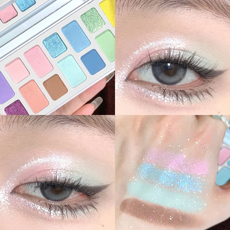 Paleta de sombra de ojos de 16 colores profesional de larga duración nacarado brillante rosa azul verde paleta de sombra de ojos brillo maquillaje de mujer