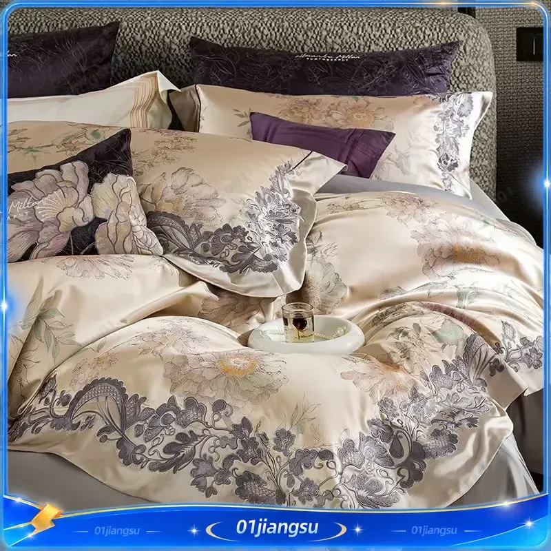 Luxury Egyptian Cotton Bedding Set 4 6 9 Pcs Floral Embroidery Jacquard Duvet Cover Sheet Pillowcase Queen King Size Home