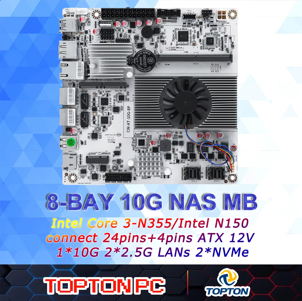 Placa-mãe NAS de 8 baias 10G Intel N150 N100 i3-N305 1*10G 2*2.5G LANs 2 * NVMe 2 * SFF-8643 a 8 * SATA Firewall Mainboard PCIex1 Type-C