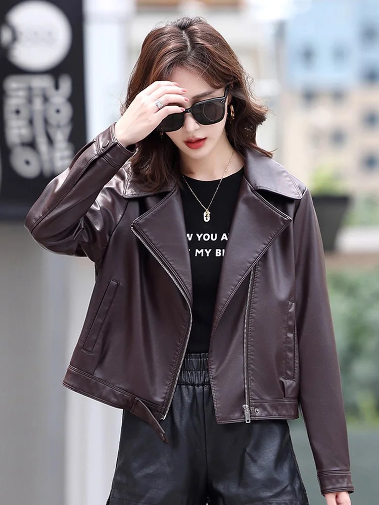 Nouveau Femmes Ample Veste en Refente de cuir Printemps Automne Mode Col cranté Manches longues Manteau court Veste en Refente de cuir décontractée Femme