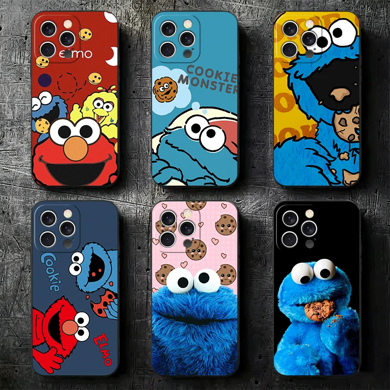 Funda Protectora Suave con Diseño de Galleta de Plaza Sésamo para iPhone 11 13 14 15 16 Pro Max 17 Air 16E 12 Mini 7, Color Negro