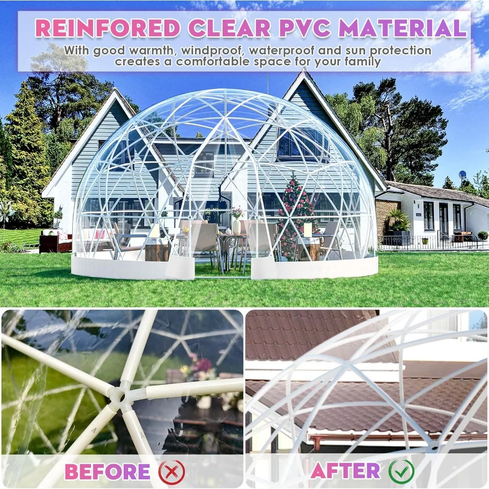 12FT Garden Dome Igloo, Geodesic Dome Greenhouse with PVC Clear Cover, Waterproof Garden Bubble Dome Tent House W/Light Strings