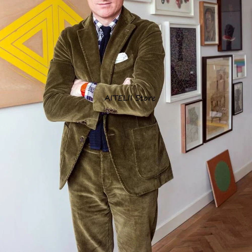 

2 Piece Set for Man Suit Set Square Pockets Corduroy Fabric Fashion Suits Notch Lapel Casual Men's Social Clothing Classic