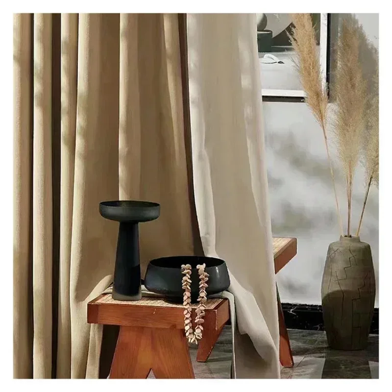 

Milk Tea Color Chenille Curtains for Living Dining Room Bedroom Thickened Modern Light Luxury Cream Velvet Shading White Tulle