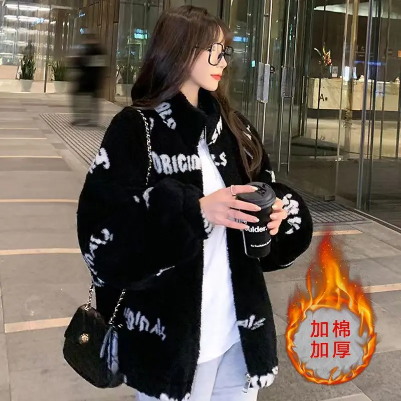 Internet Famous Checkerboard Patterned Coat for Women in Winter Thick and Warm Loose Young Imitation Fur Lamb Wool Plush Coat