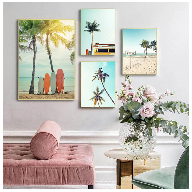 Canvas Painting Vintage Landscape Surfboard Palm Trees Surf Van Holiday Trip Poster Print Wall Art Pictures For Home Decoration