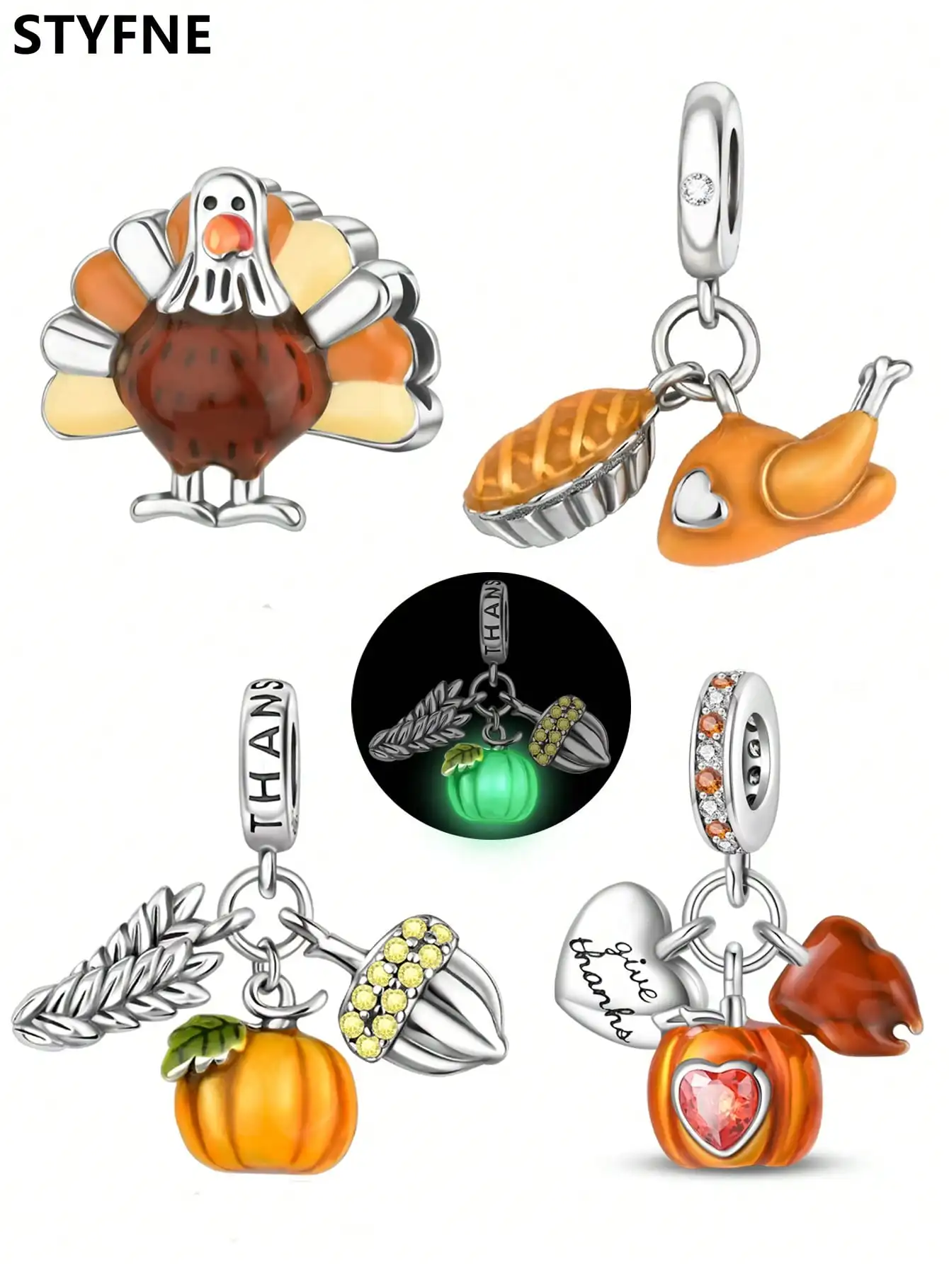 925er Silber vergoldet, Original-Charms, Thanksgiving-Truthahnbrot, Weizenperlen, passend für Armbänder, Damenschmuck, Geschenk