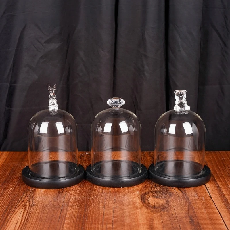 FS 2sets/pack 9*11cm 12*16cm Different Top Glass Dome Vase Home Decoration Black Base Transparent Glass Cover Wedding Live Prop