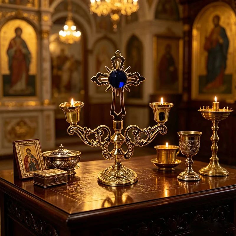 Exquisite Gold Alloy Orthodox Three Cup Cross Candlestick Multicolor Big Crystal Floral Hollow Relief