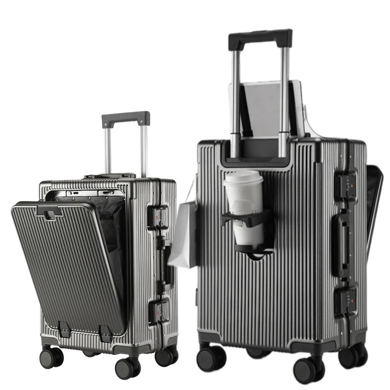 

Aluminum Alloy Frame Suitcase Front Opening Pocket with USB Charging Plug Rolling Luggage Trolley Case Bag with Spinner Wheel