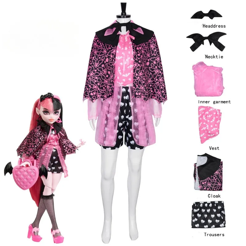 

Draculaura Cosplay Monster High Anime Valentine's Day Pink Dresses Full Set Cloak Wig New Year Costume Women Role Play Outfit