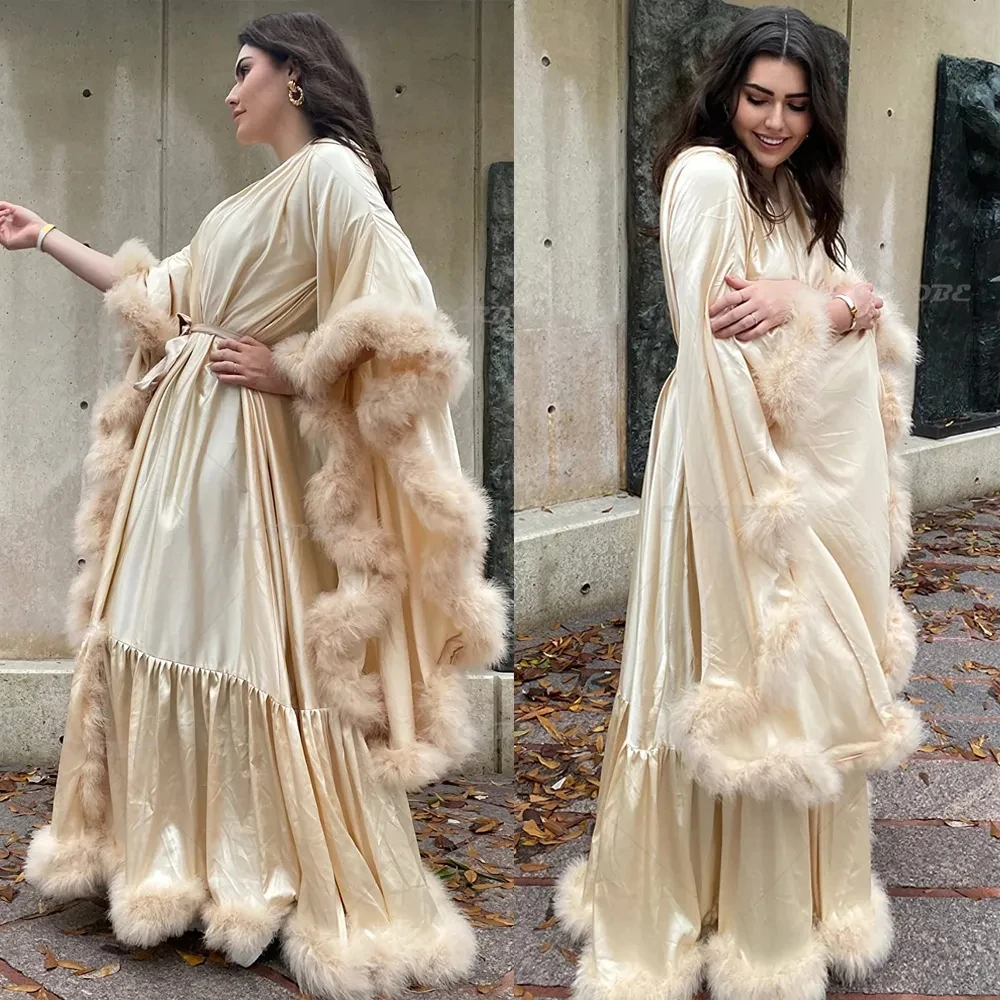 Maternity Robes For Photo Shoot Flare Sleeves Feather Pregnant Women Dress Satin Bridal Lingerie Sleepwear Babyshower Gown