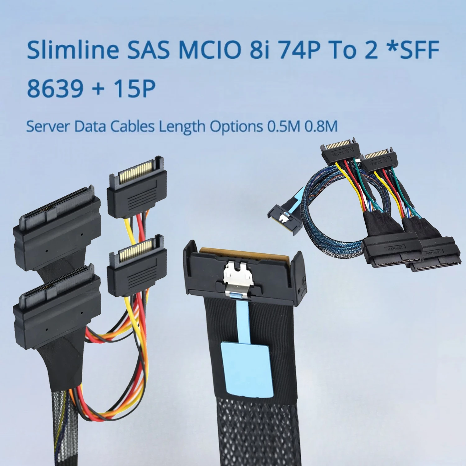 Slimline SAS MCIO 8i 74P To Dual 2 X SFF 8639+15P Adapter Cable for Server Connection Cable Server Data Transmission Cable 0.5m