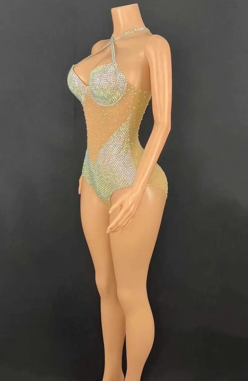 Huidskleur jumpsuit volledige diamant gogo bar bal feest diner jurk verjaardag luxe flash