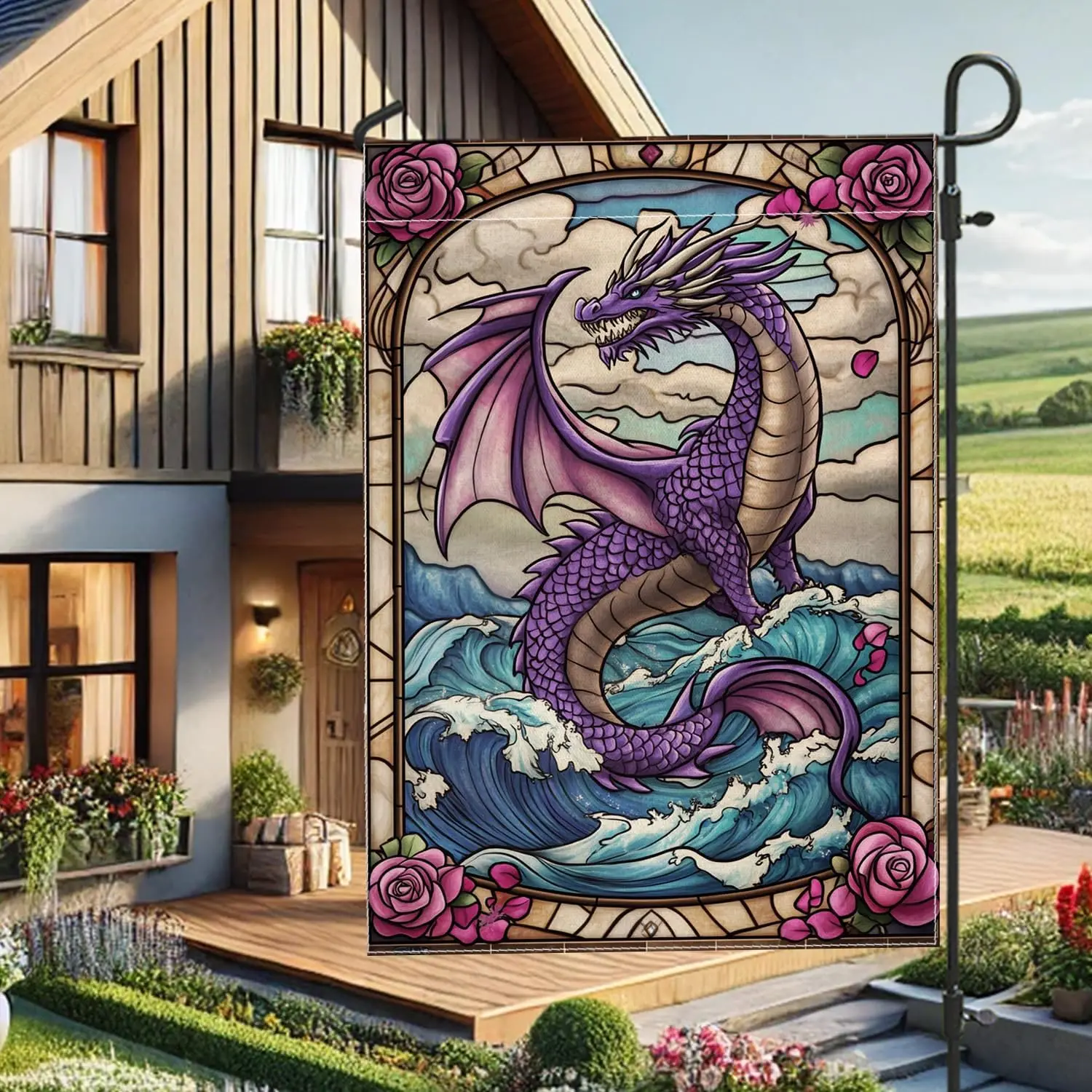 Dragon Garden Flag, Stained Glass Style Outdoor Decor, Double Sided Summer Lawn Banner, Fantasy Themed Holiday Yard Decorati PPZ
