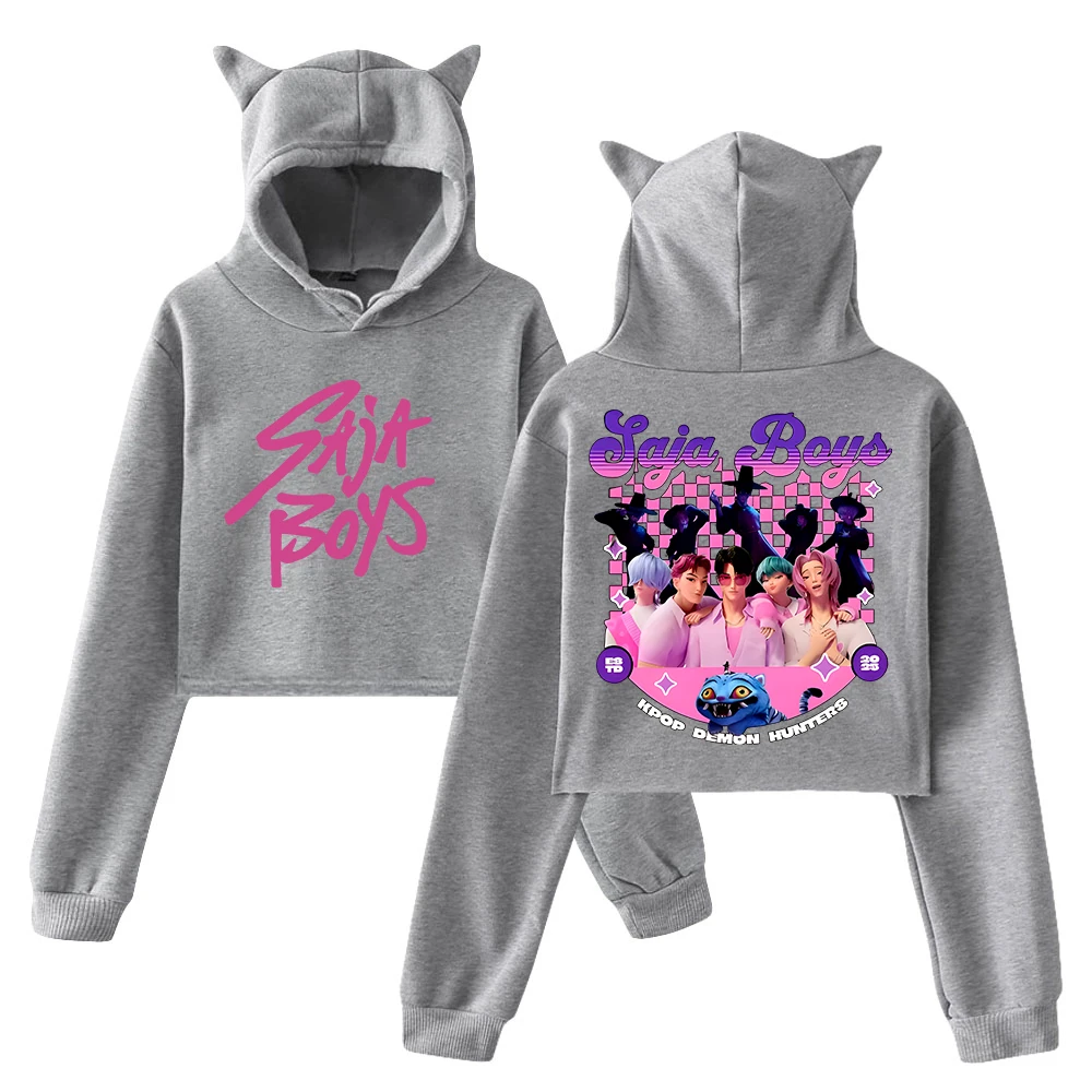 KPop Demon Hunters Saja Boys Merch Hoodie 2025 ภาพยนตร์การ์ตูนแมวหูHooded SweatshirtแขนยาวCrop Topผู้หญิงเสื้อผ้า