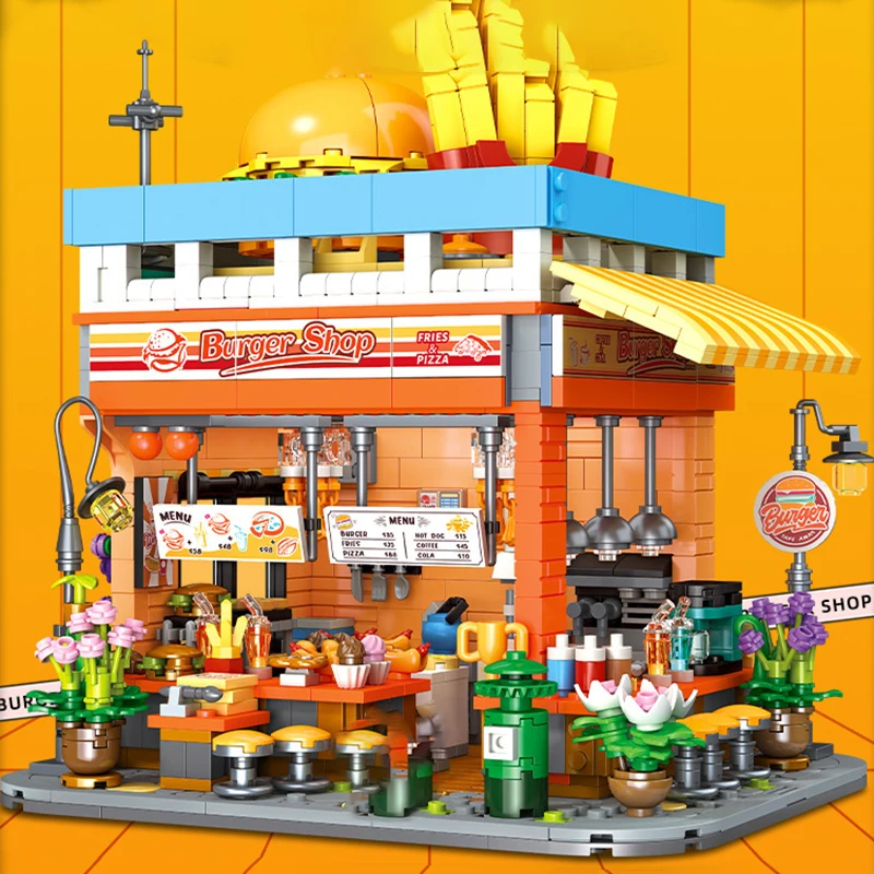 Hamburger Shop City Street View Building Blocks Creative Food Parts Model With Lights Bricks Toys Fries Pizza Hot Dog Ice Cream