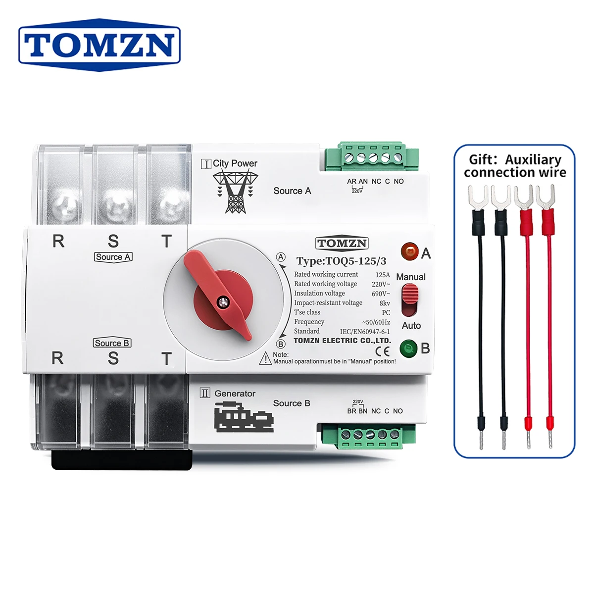 

TOMZN 3P 3 Phase Din Rail ATS Dual Power Automatic Transfer Switch Electrical Selector Uninterrupted Power 63A 100A 125A